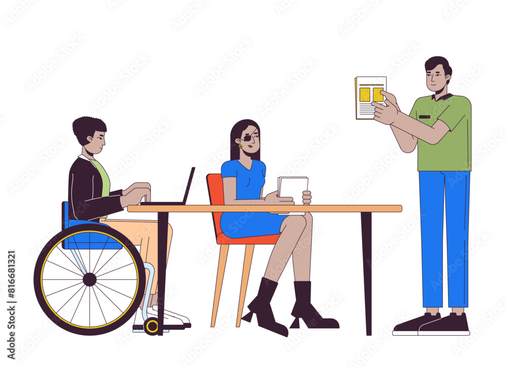 Diverse colleagues in office 2D linear cartoon characters. Supporting employees with disabilities at work isolated line vector people white background. Corporate culture color flat spot illustration