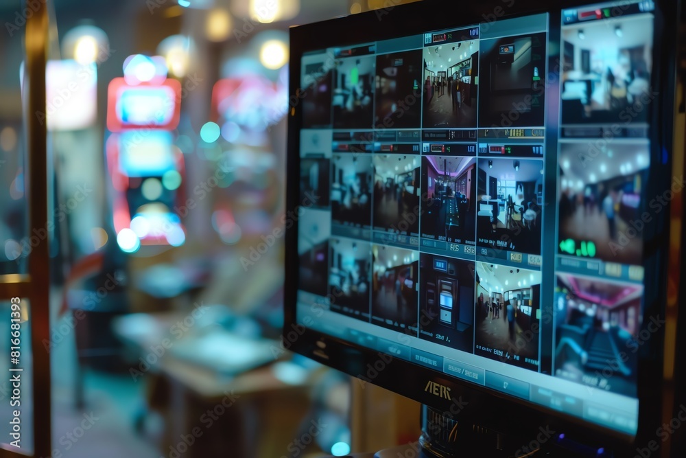 A closeup of a security monitor displaying various casino angles A closeup of a security monitor displaying various casino angles