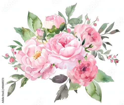 A beautiful bouquet of pink flowers with green leaves. The flowers are arranged in a way that creates a sense of harmony and balance