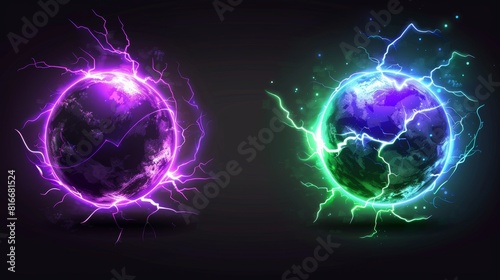 A realistic 3D modern illustration with electric balls  lightning circles  plasma spheres in purple and green colors. Powerful electrical discharge  magical energy flash  isolated on a black