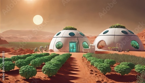 Two dome-shaped greenhouses with greenery stand on the red Martian surface under a hazy sky, hinting at life-sustaining technologies on alien terrain.. AI Generation photo