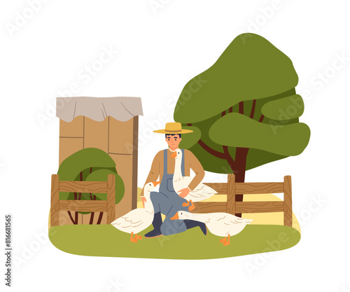 Farmer with geese at countryside farm, breeding poultry. Rural scene, man and domestic bird in summer. Organic agriculture, free range goose. Flat vector illustration isolated on white background