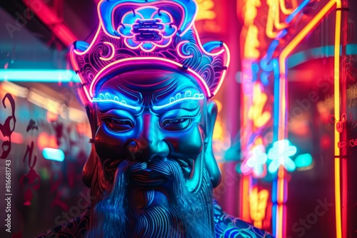 Vibrant neon lights accentuate the intricate details of a classic chinese warrior statue