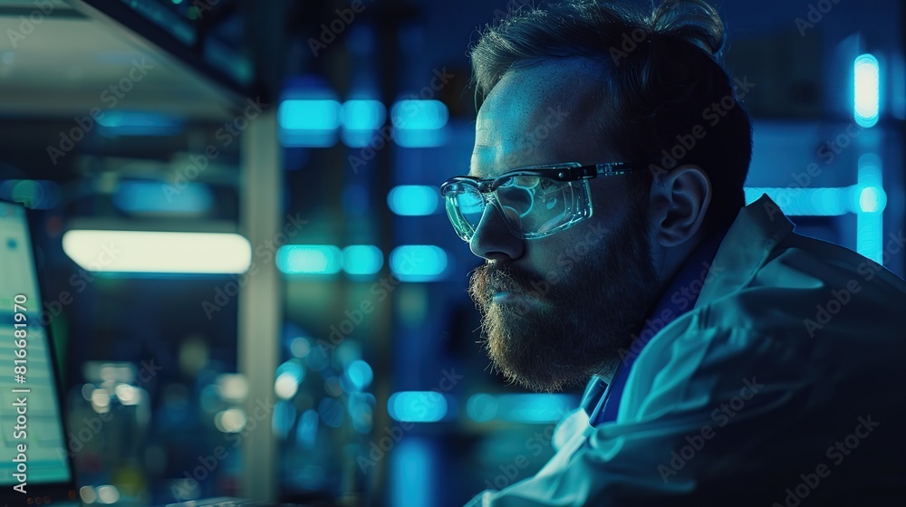 Male scientist in glasses working on his computer in a modern laboratory. Science and technology research laboratory concept. Male scientist in glasses working on his computer in a modern laboratory. Science and technology research laboratory concept.