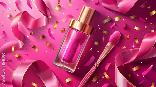 An open glass bottle of nail polish with an open brush, a nail file and silk ribbon with gold confetti. Promo banner, advertising background. photo