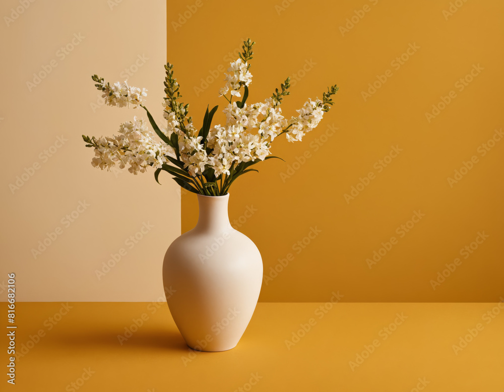White Vase with White Flowers on Dual-Tone Yellow Background