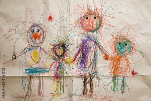 The hand drawing colourful picture of the group of the human family that has been drawn by the colored pencil  crayon or color chalk on the white background that seem to be drawn by the child. AIGX01.