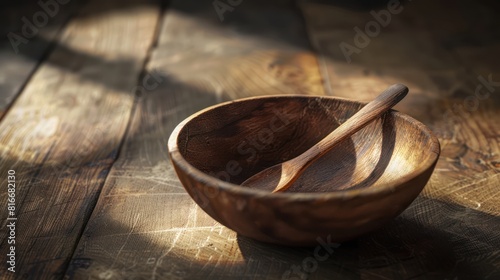 Empty wooden bowl with spoon, isolated on white background