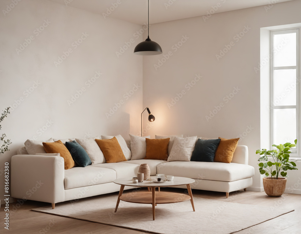 Modern Cozy Living Room Interior with White Sofa and Colorful Cushions Modern Cozy Living Room Interior with White Sofa and Colorful Cushions