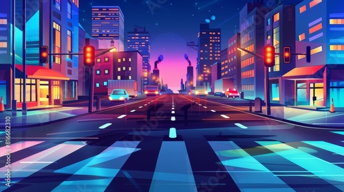 A city crossroad at night  empty transport intersection with zebra crossing  glowing street lamps  urban architecture  infrastructure  megapolis with modern buildings. Cartoon modern illustration.