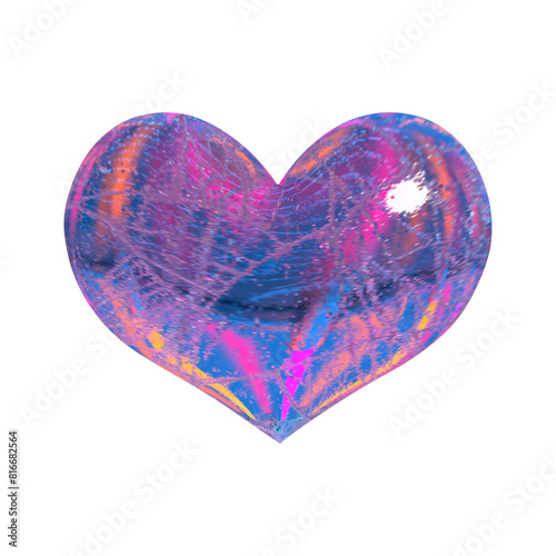 3d Bubble Balloon heart hologram color, broken ice and broken glass effect element vector in transparent isolated background. Love shape refraction mirror icon. Three-dimensional, love, vector png