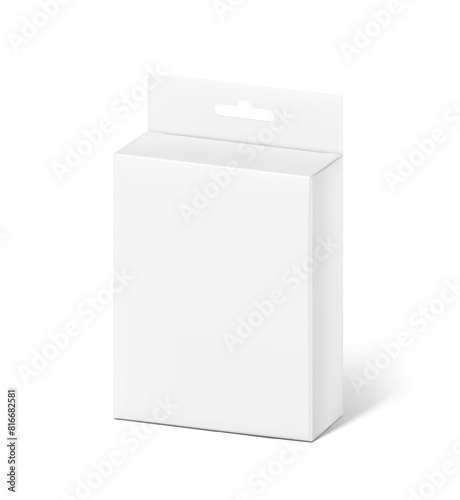 Hanging packaging box mockup for electronic and mobile accessories. Half side view. Vector illustration isolated on white background. Ready and simple to use for your design. EPS10.