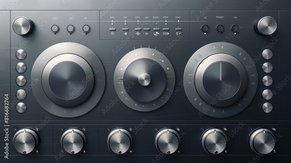 Modern realistic interface of audio or video application with silver buttons with play, stop, pause, power icons. Modern realistic interface of audio or video application with silver buttons with play, stop, pause, power icons.