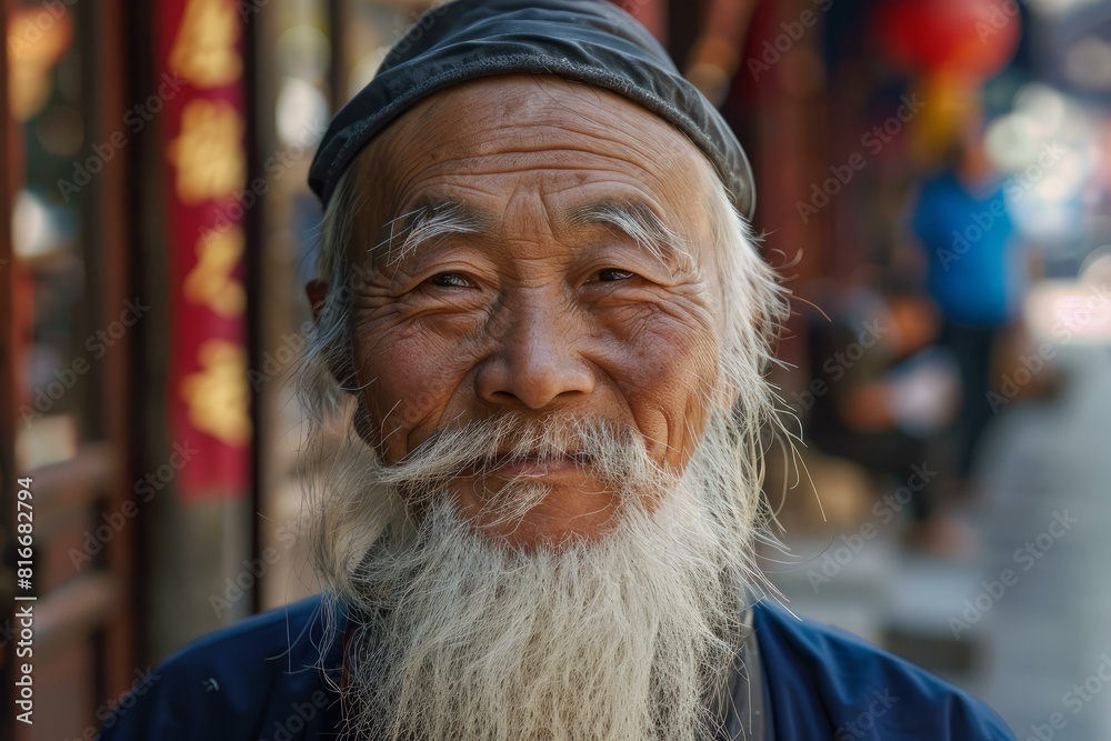 Portrait of a wiselooking elderly asian man with a long white beard, wearing traditional clothes Portrait of a wiselooking elderly asian man with a long white beard, wearing traditional clothes