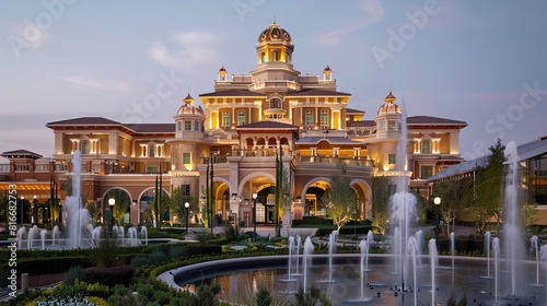 An exterior shot of a luxury casino with a fountain in front