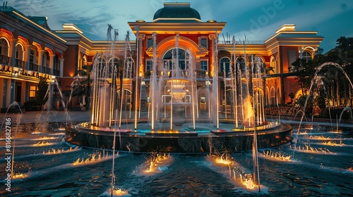 An exterior shot of a luxury casino with a fountain in front