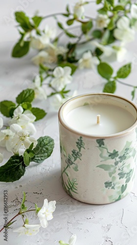 A product concept photo of a scent candle with green tea and geranium around