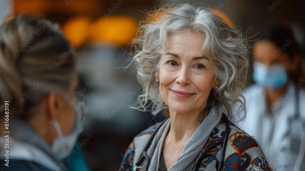 Grey haired senior lady, looking happily past the viewer, standing infront a masked doctor, whom is out of focus. Grey haired senior lady, looking happily past the viewer, standing infront a masked doctor, whom is out of focus.
