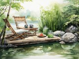 A peaceful zen garden picnic, with minimalistic design, bamboo mats, and a tranquil pond, Zen, Watercolor