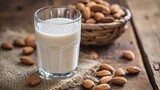 glass of almond milk on wooden table. selective focus. Generative AI,