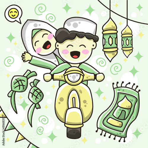 Eid al-Fitr homecoming illustration, 2 people riding a motorbike to go home, various Eid ornaments, with the dominant color of bright and calm pastel green.