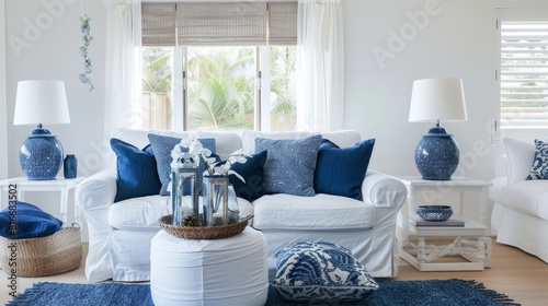 Contemporary Living Room with Blue Accents and Cozy Furniture in a Modern Style  Featuring Navy Blue and Light Gray for a Calm and Inviting Home Space