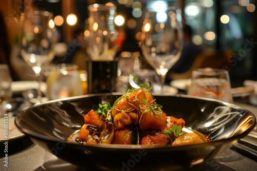 Closeup of a delicious gourmet dish served in a highend restaurant with a blurred background