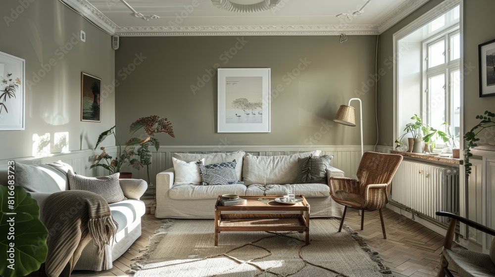 Fototapeta premium Contemporary Living Room with Neutral Decor and Cozy Furniture in a Modern Style, Featuring Beige and Light Brown for a Calm and Inviting Home Space