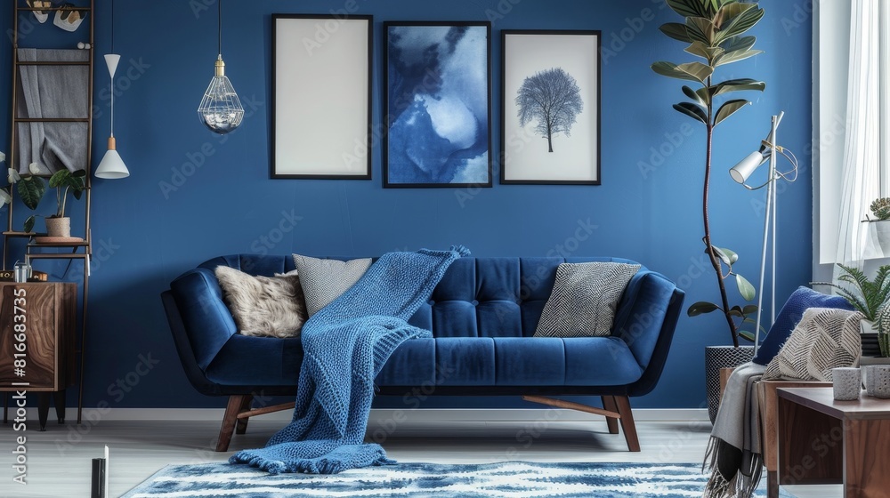 Modern Living Room with Blue Accents and Cozy Furniture in a Contemporary Style, Featuring Navy Blue and Light Gray for a Calm and Inviting Home Space Modern Living Room with Blue Accents and Cozy Furniture in a Contemporary Style, Featuring Navy Blue and Light Gray for a Calm and Inviting Home Space