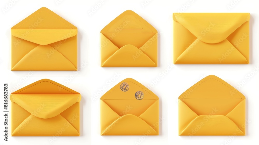 Mockup of a set of realistic 3d modern templates showing a yellow envelope with stamps. Blank closed and open paper covers, vertical and horizontal letter packages for mail, letters, sending Mockup of a set of realistic 3d modern templates showing a yellow envelope with stamps. Blank closed and open paper covers, vertical and horizontal letter packages for mail, letters, sending