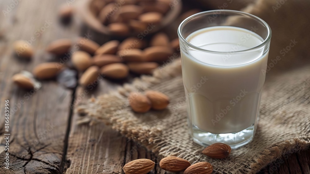 glass of almond milk on wooden table. selective focus. Generative AI, glass of almond milk on wooden table. selective focus. Generative AI,