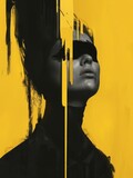 A modern edgy layout for a high-end portrait shoot that combines poster style with elements of contemporary graphic design. Graphic shapes and elements on the model's face in yellow and black colors.