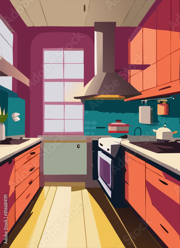 Illustration of a kitchen in a flat style. Vector illustration.