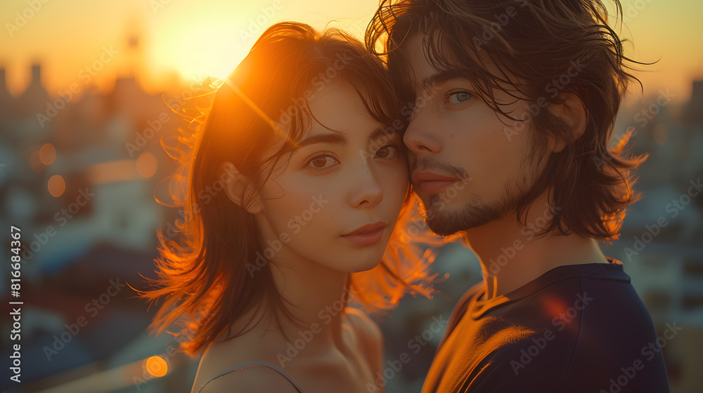 Portrait of an Asian man and woman with pixie bob hairstyle on a city rooftop, The soft backlight and gentle wind create a fashionable, modern look, ideal for editorial and magazine photography.