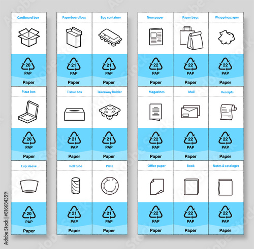 Ready sets of icons for separating paper waste. Vector elements are made with high contrast, well suited to different scales and on different media. Ready for use in your design. EPS10.