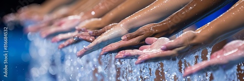 Synchronized swimmers  hands aligned in routine displaying coordination   olympic games concept