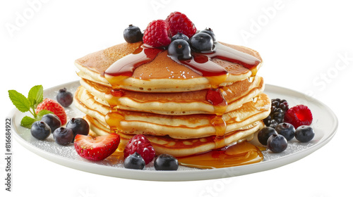 Fluffy buttermilk pancakes drizzled with maple syrup and adorned with ripe berries on the transparent background, PNG Format