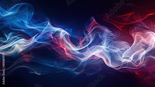 Abstract art of flowing smoke and light creating a mystical effect with soft blue red and white tones on a dark background embodying motion and mystery 