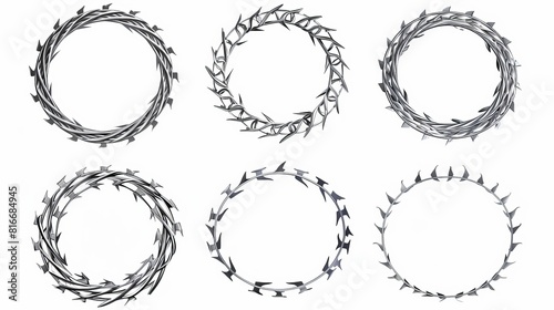 This is a steel barbwire set, a circle frame from twisted wire with barbs, isolated over a white background. A modern realistic seamless border of metal chain with sharp thorns for prison fences, photo