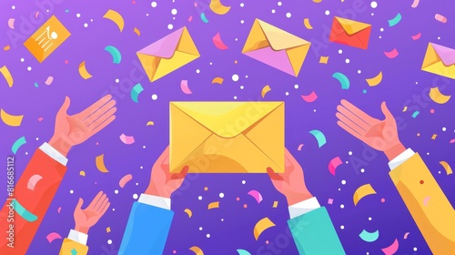 Subscribe to our newsletter cartoon banner, email subscription, blog update messages submission with applauding human hands, confetti and envelope with sale icons. Modern illustration. photo