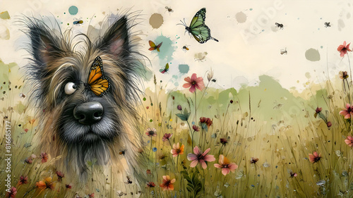 A dog with a butterfly on his nose, and expressive face, whimsical cartoon illustration