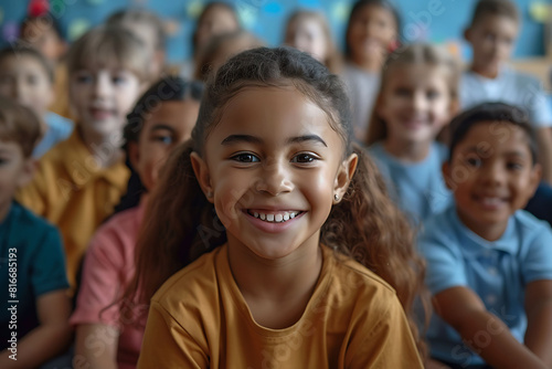 Happy diverse schoolchildren looking at camera. Smiling multiethnic kids posing for group portrait in a classroom of elementary school. Boys and girls of different skin colors go to school together © Hamza