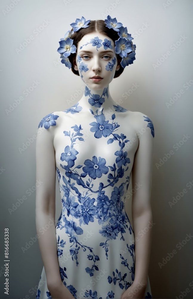 A porcelain-inspired woman with blue floral body paint and matching flowers in her hair, blending elegance and artistry in a seamless design.
A porcelain-inspired woman with blue floral body paint and matching flowers in her hair, blending elegance and artistry in a seamless design.
