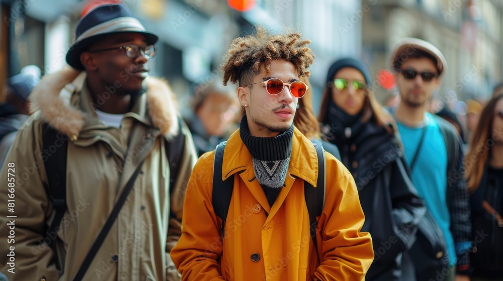 Fashionable Individuals in a Vibrant Urban Crowd Fashionable Individuals in a Vibrant Urban Crowd