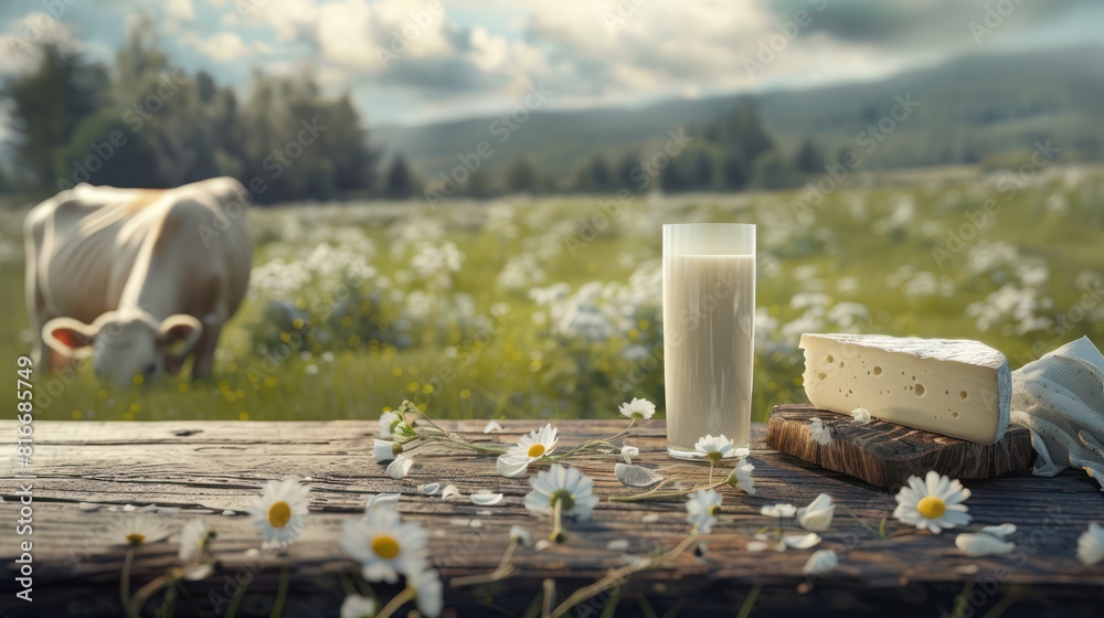 Fototapeta premium A wooden table with cheese and a glass of milk behind it. Cows are grazing in the pasture.