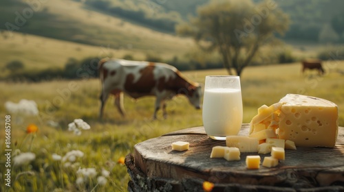 A wooden table with cheese and a glass of milk behind it. Cows are grazing in the pasture.