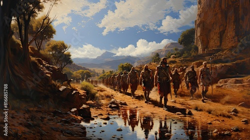 Historical Painting of Macedonian Soldiers Marching Through a Mountain Landscape
