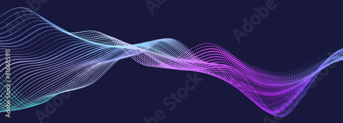 Wave of flowing particles on a dark background. Abstract backdrop with dynamic elements of waves and dots. Vector