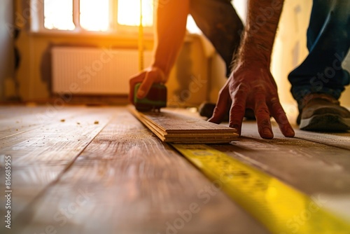 A person standing on a wooden floor with a measuring tape. Suitable for construction or interior design concepts photo