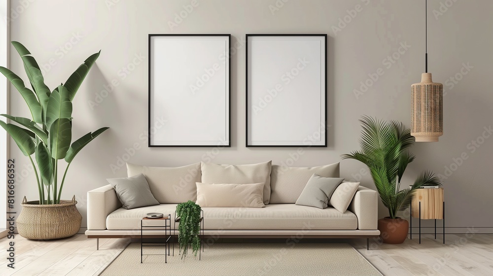modern living room with two poster frame, scandinavian style modern living room with two poster frame, scandinavian style